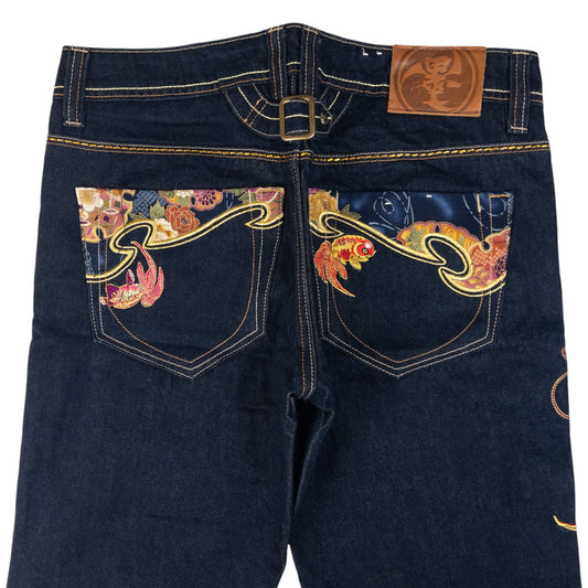 Vintage Big Train Embroidered Floral Fish Japanese Denim Jeans Size W32