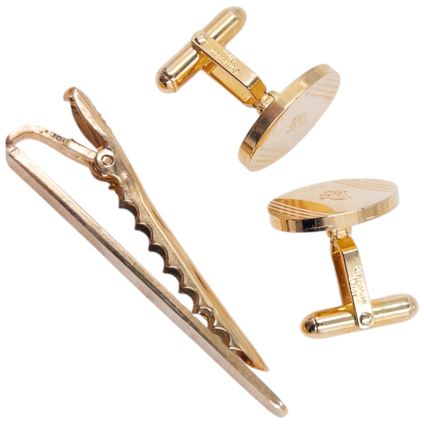 Vintage 80s Dior Embossed Cufflinks & Tie Clip Set | O/S, Gold