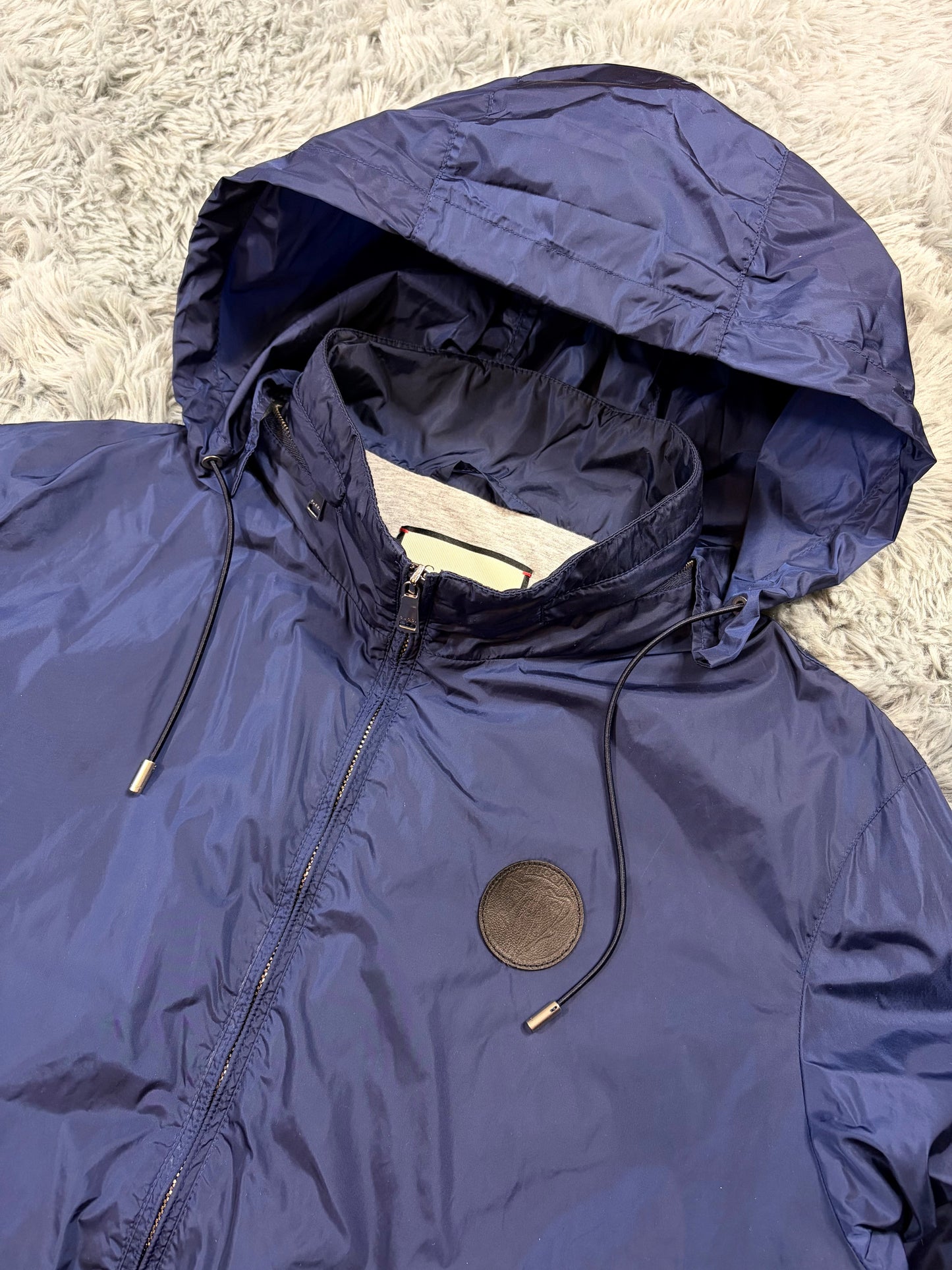 Gucci 2017 Metallic Blue Leather Crest Logo Nylon Jacket - M | O/S, Blue