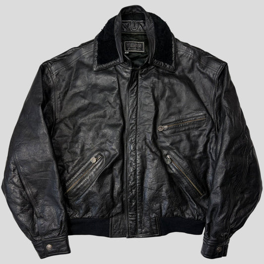 Gianni Versace 90’s Versus Leather Sherpa Flight Jacket - M/L | O/S, Black