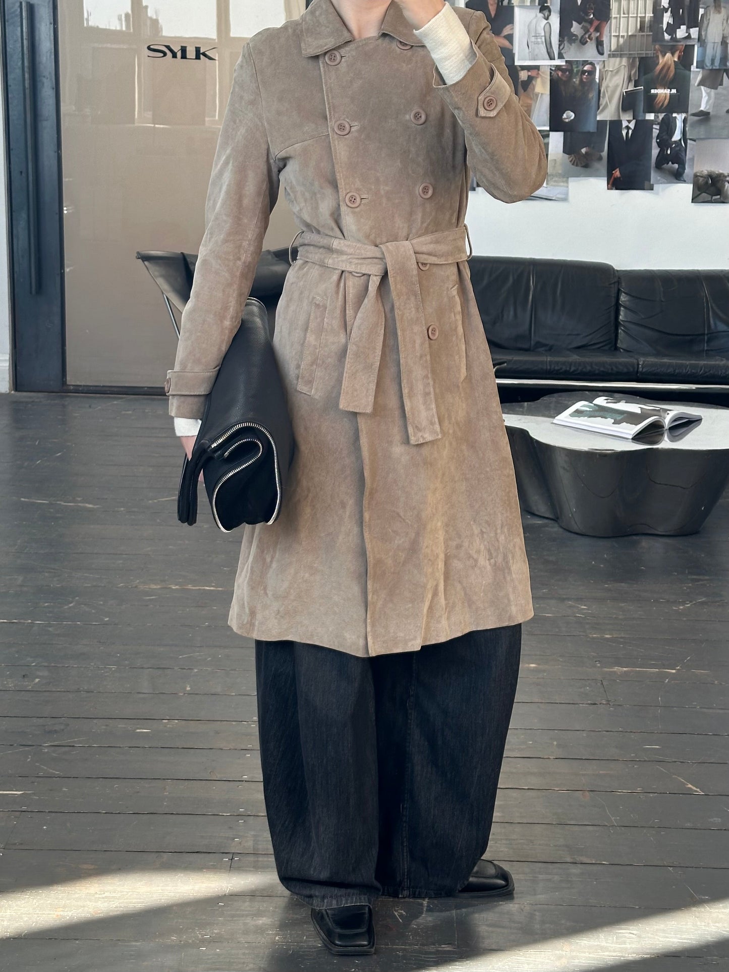 Vintage 1990s Suede Double Breasted Belted Trench Coat - S