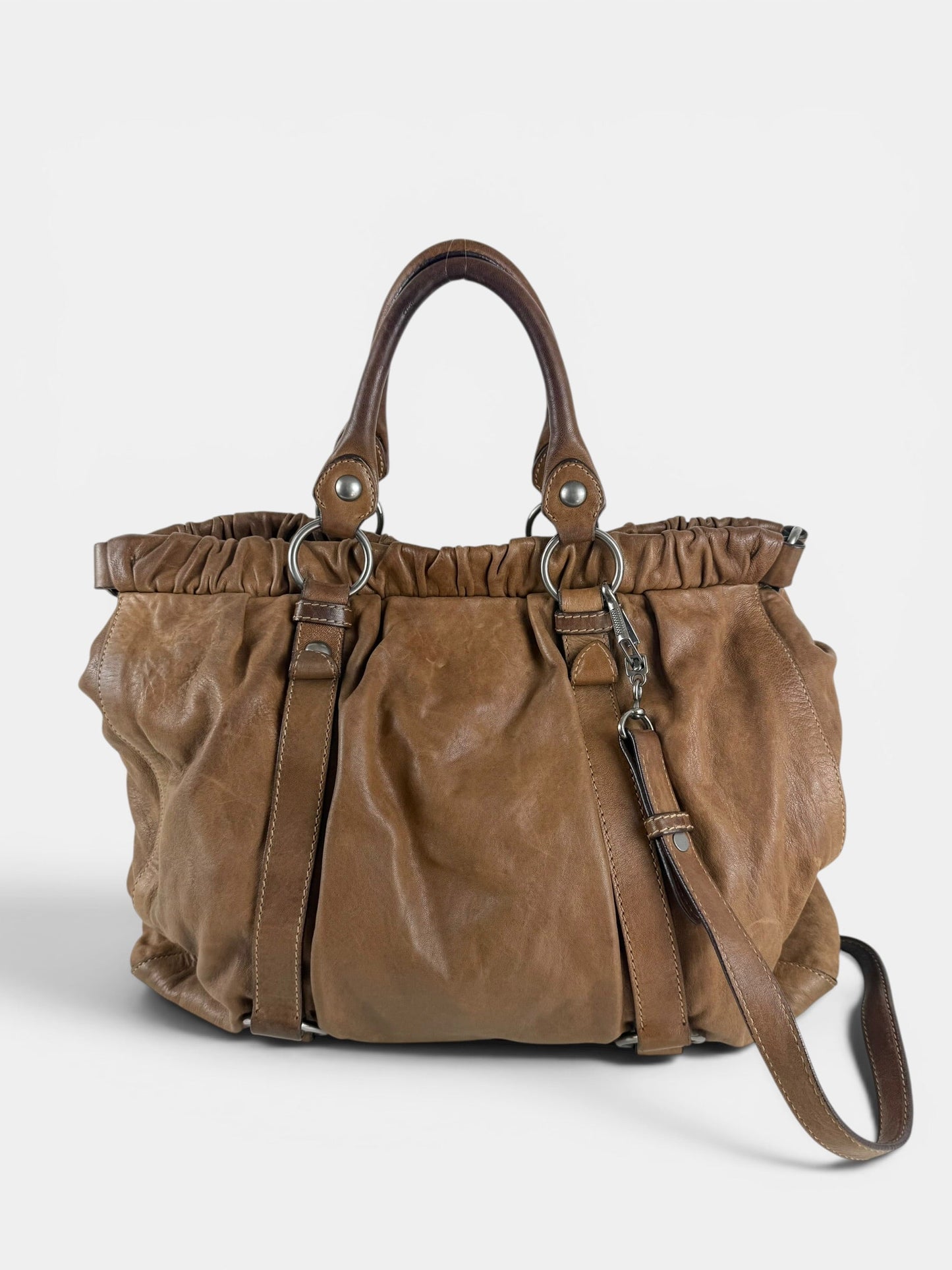 2010s Miu Miu Vitello Leather Large 2Way Brown Handbag | O/S, Brown