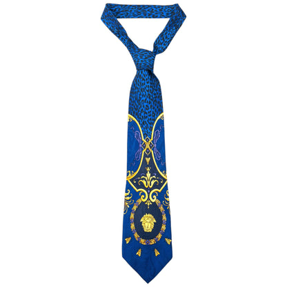 Vintage 90s Gianni Versace Baroque Leopard Print Silk Tie | O/S, Blue