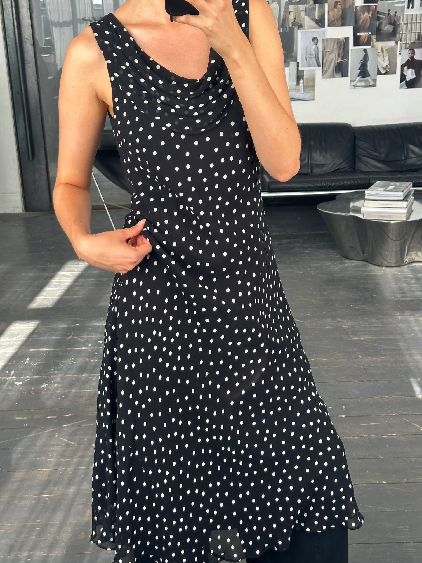 Vintage 2000s Pure Silk Polkadot A-Line Maxi Dress - M