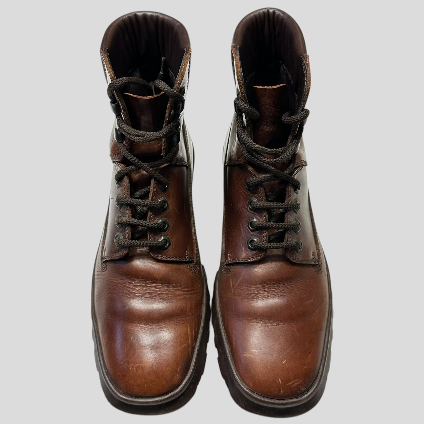 Miu Miu 00’s Padded Leather Embossed Logo Combat Boots - UK8 | DEFAULT TITLE, Brown