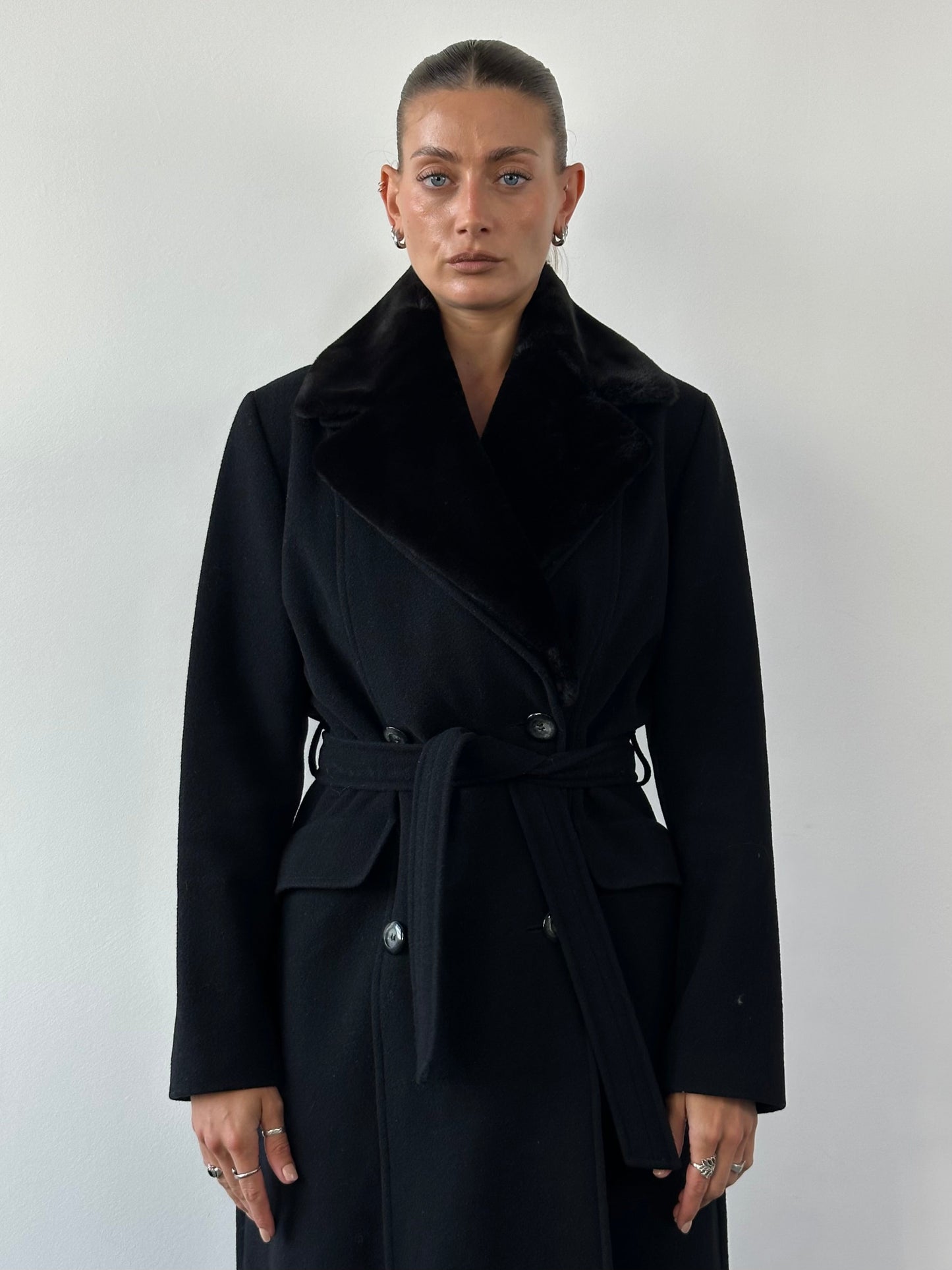 Vintage Wool Belted Removable Faux Fur Collar Coat - M/L