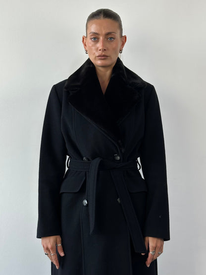 Vintage Wool Belted Removable Faux Fur Collar Coat - M/L