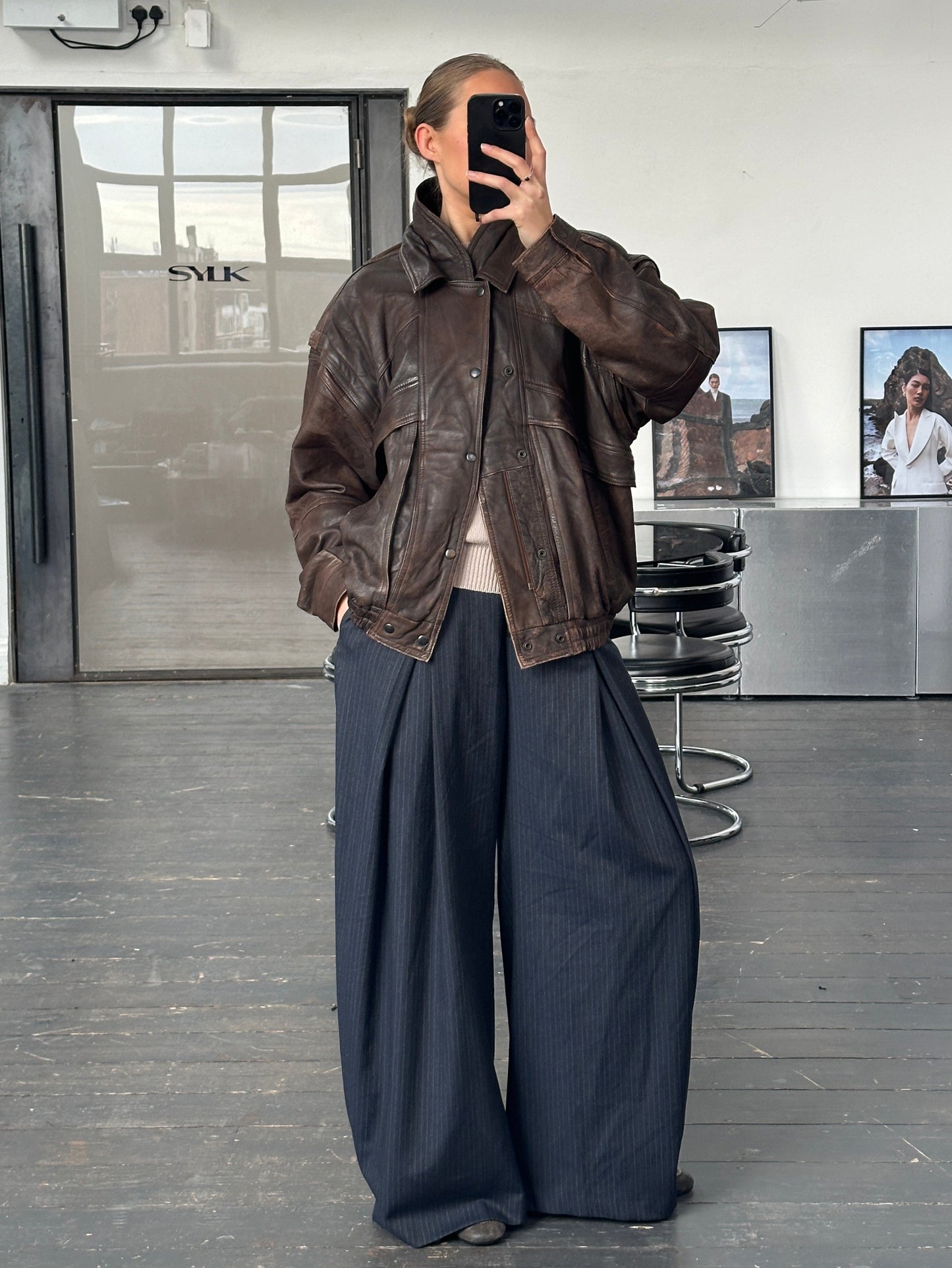 Vintage 1990s Aged Double Collar Leather Bomber Jacket - XL