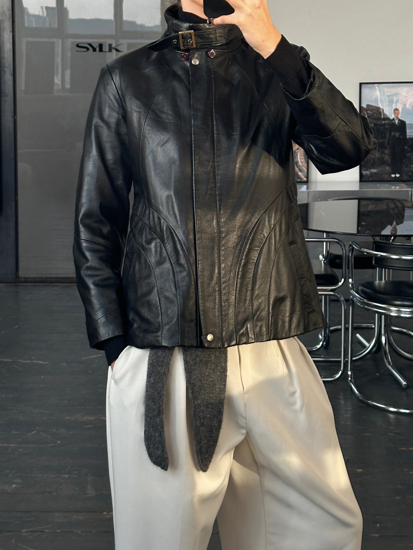 Italian Vintage 1990s High Neck Leather Jacket - M