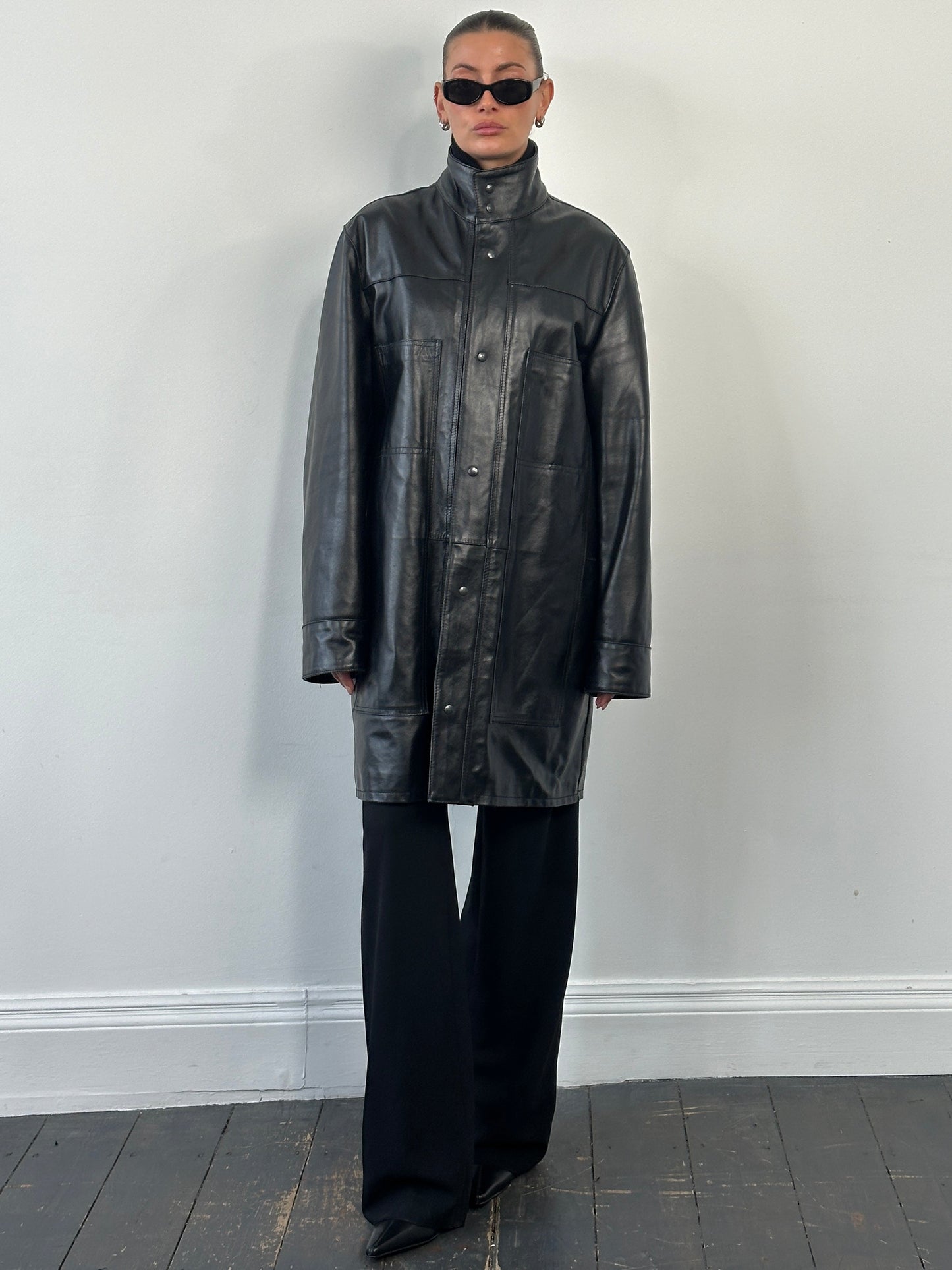 Italian Vintage 1990s Funnel Neck Leather Trench Coat - XL