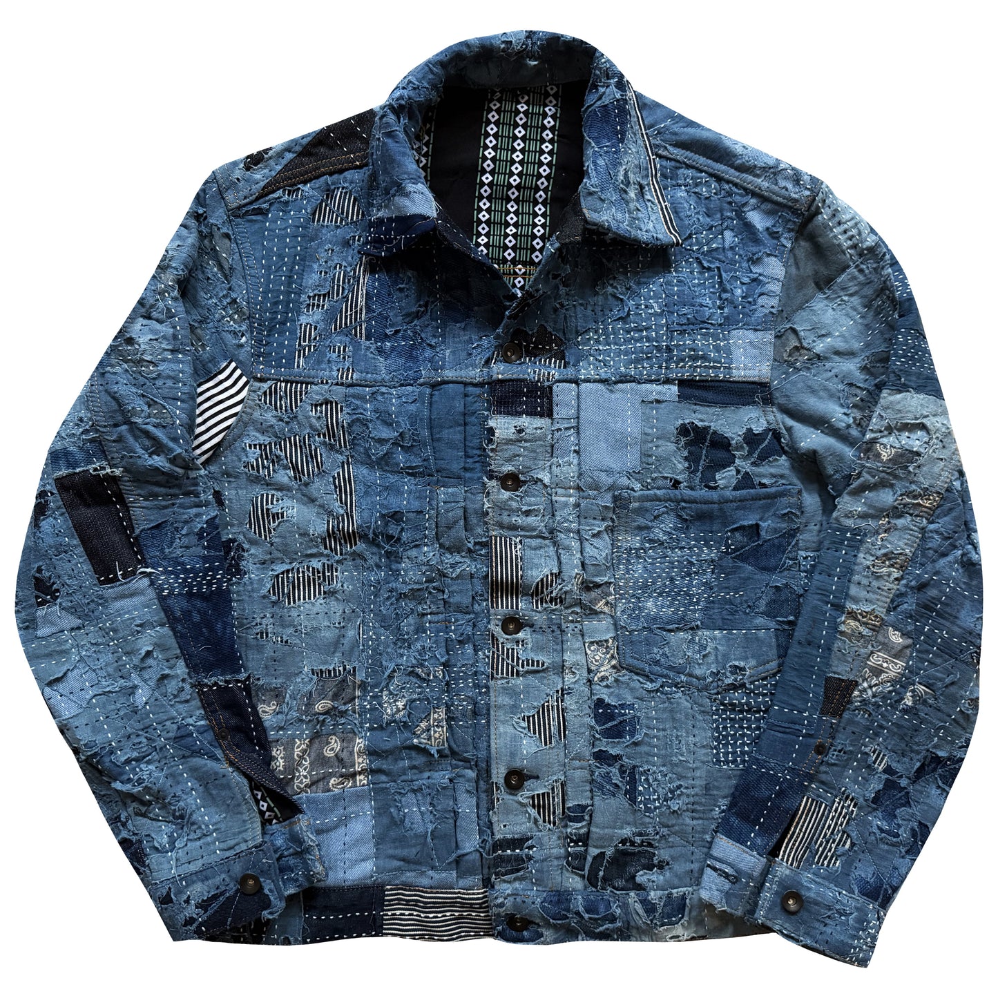Indigo Boro Sashiko Distressed Denim Trucker Jacket - L