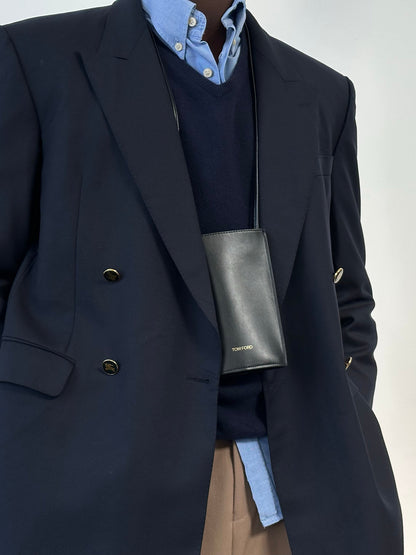 Burberry 1990s bespoke button wool double-breasted blazer, 42R/XL, navy color, tailored fit, classic British style.