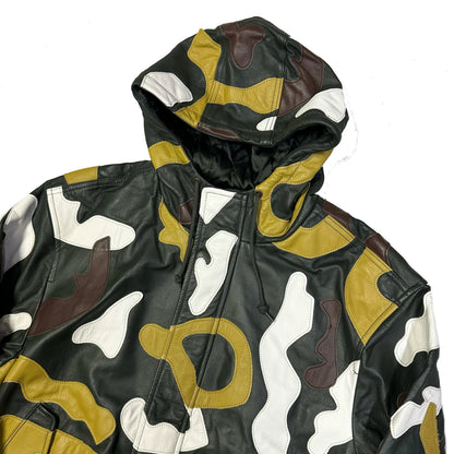 Supreme FW19 camo hooded leather jacket in olive, yellow, white, and brown.