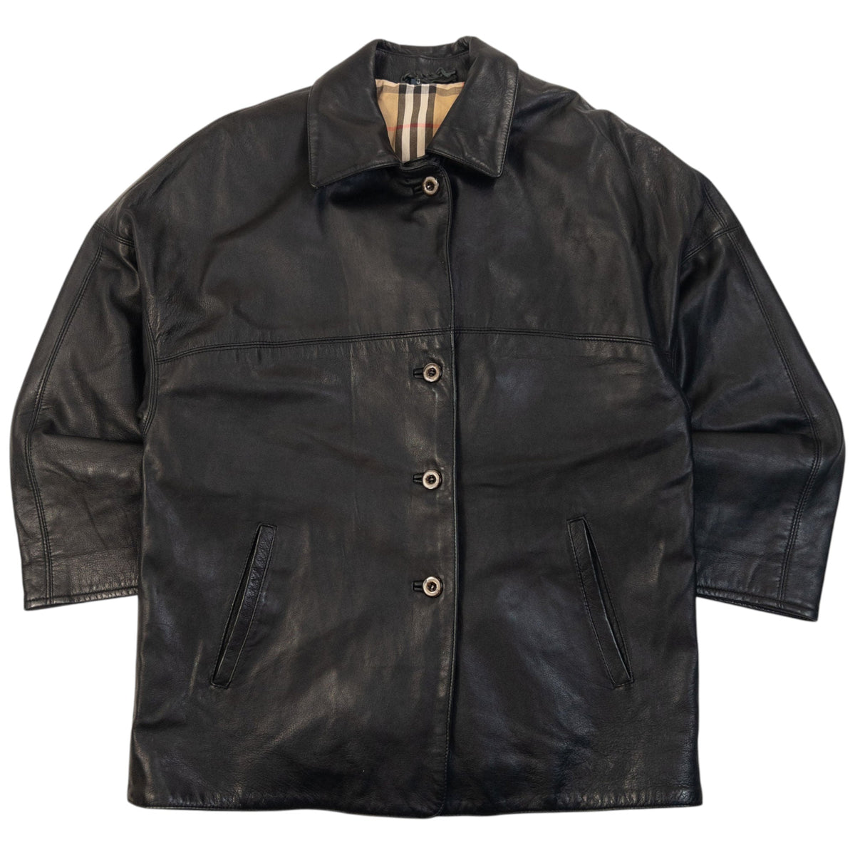 Vintage 90s Burberry Nova Check Lined Leather Jacket Womens Size L | Large, Black