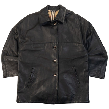 Vintage 90s Burberry Nova Check Lined Leather Jacket Womens Size L | Large, Black