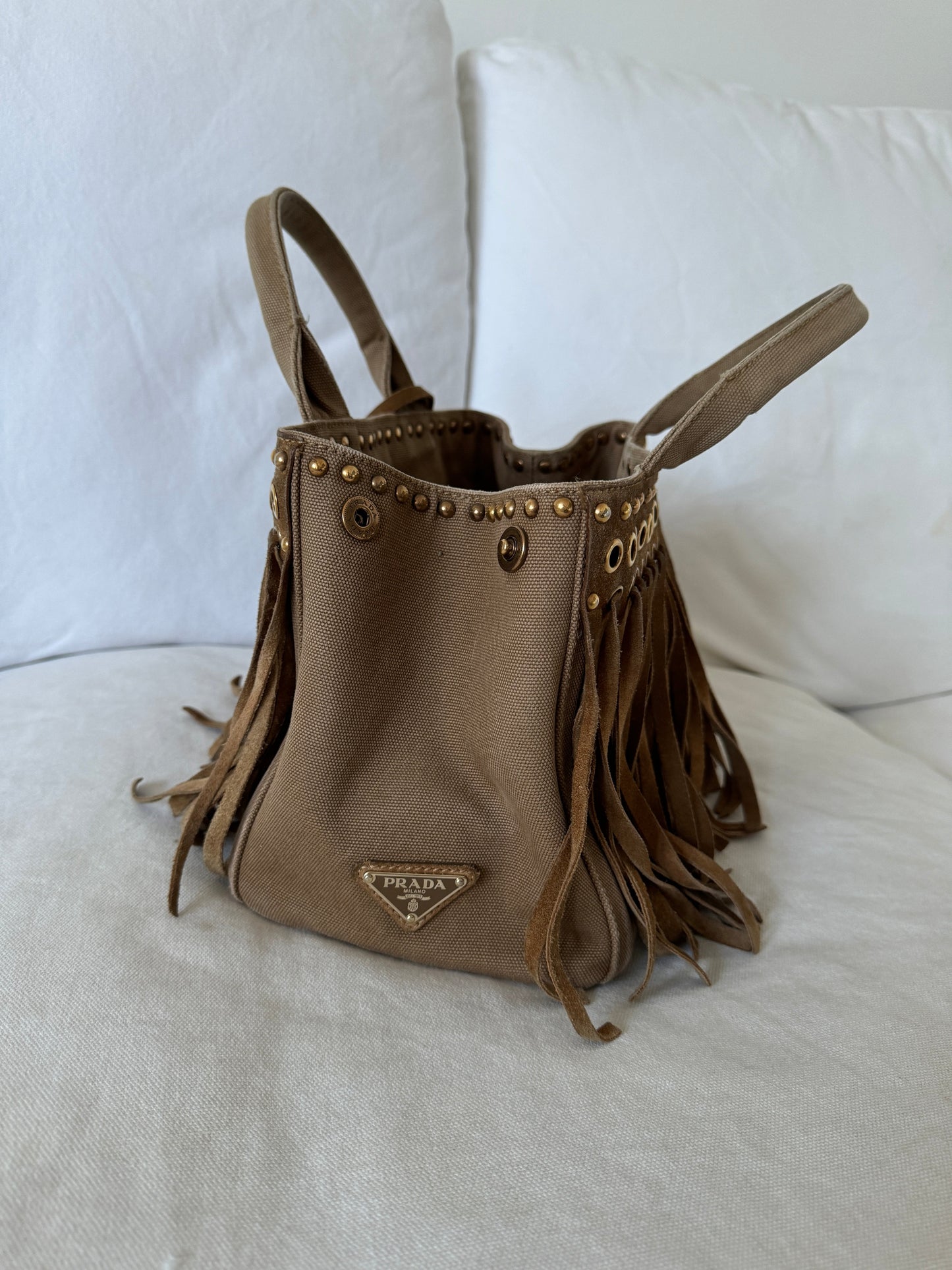 RARE 2010s Prada Grommet Suede Frill Handbag | O/S, Brown