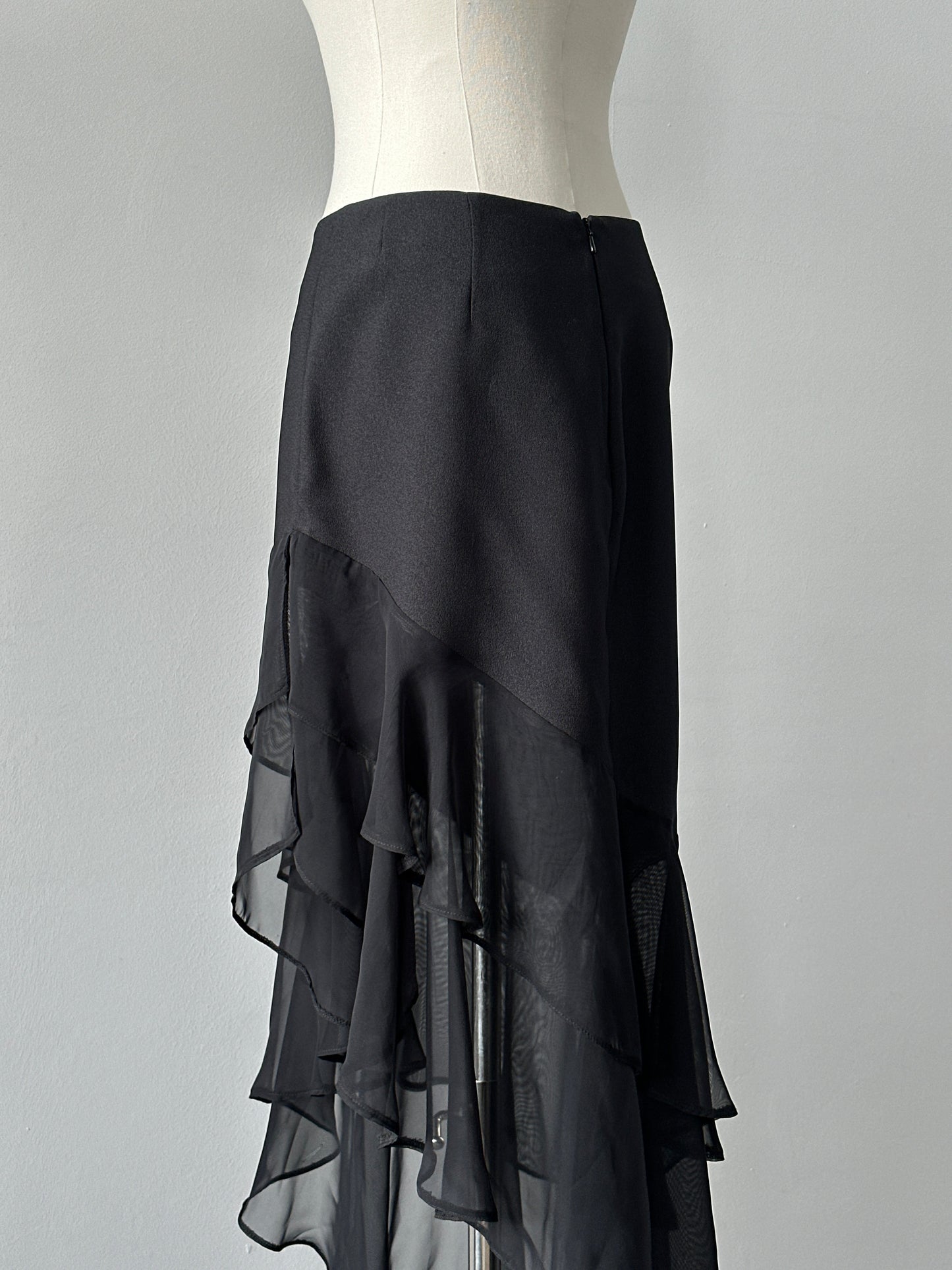 British Vintage 1990s Asymmetric Ruffle Midi Skirt - W28