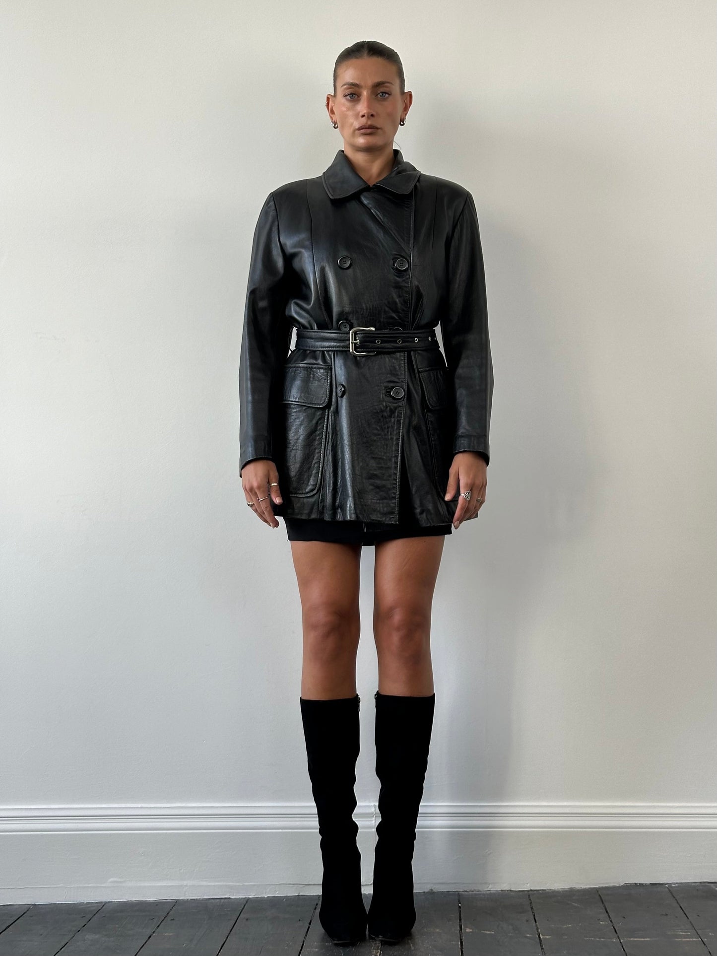 Vintage Double Breasted Belted Smooth Leather Jacket - L/XL