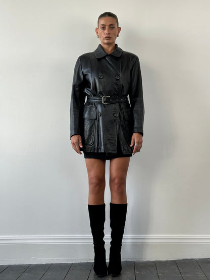 Vintage Double Breasted Belted Smooth Leather Jacket - L/XL