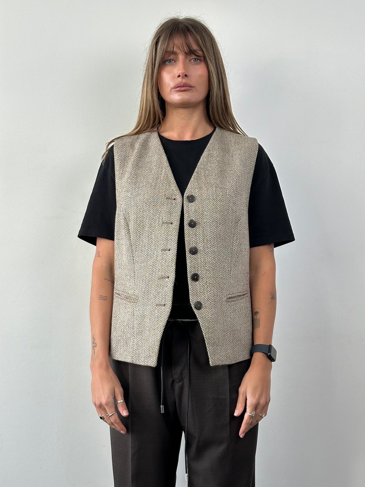 Vintage Virgin Wool Herringbone Waistcoat - XL
