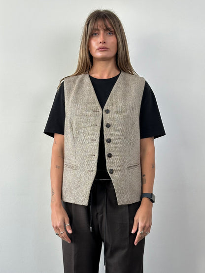 Vintage Virgin Wool Herringbone Waistcoat - XL