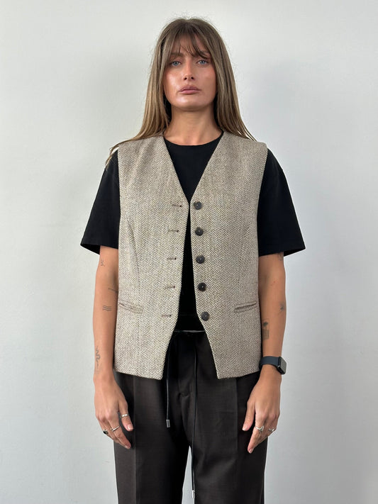 Vintage Virgin Wool Herringbone Waistcoat - XL