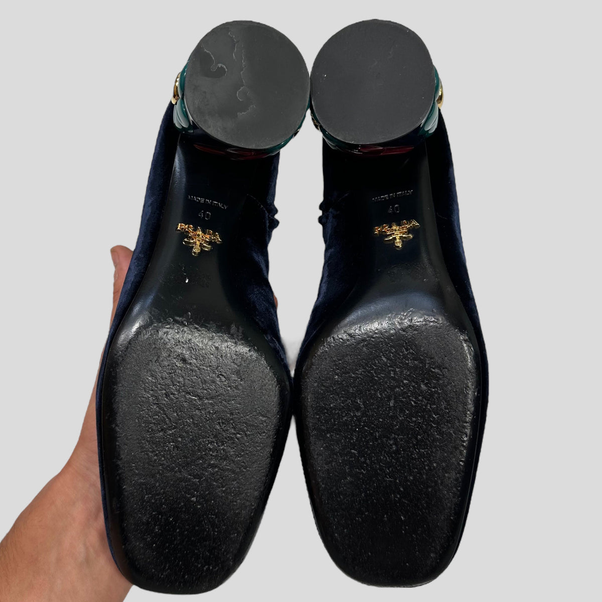 Prada Milano Floral Heel Blue Velvet Boots - UK7 | Navy