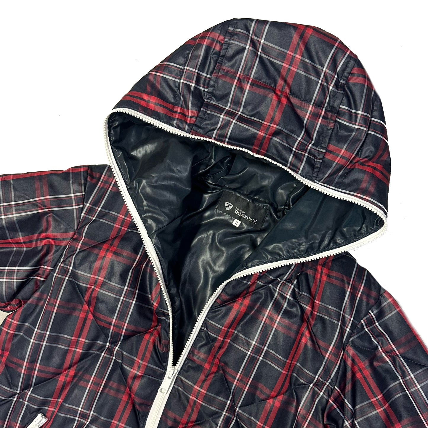Takeo Kikuchi Diamond Stitch Plaid Puffer Jacket In Navy & Red ( M )