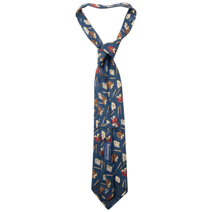 Vintage 90s Burberry Book & Pen Pattern Silk Tie | O/S, Blue