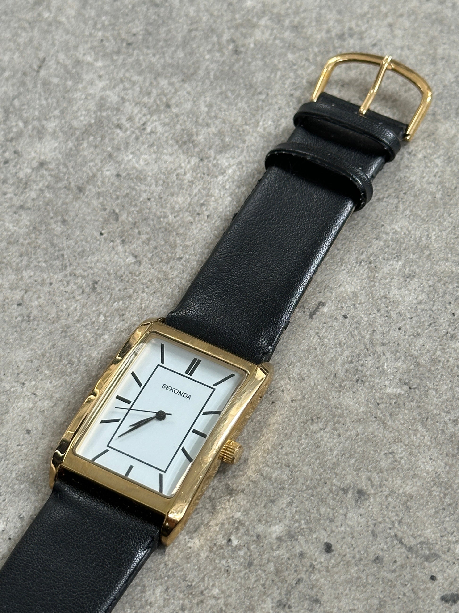 Sekonda 2000s Gold Tone Rectangular Quartz Leather Watch
