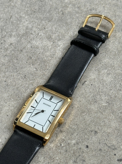 Sekonda 2000s Gold Tone Rectangular Quartz Leather Watch