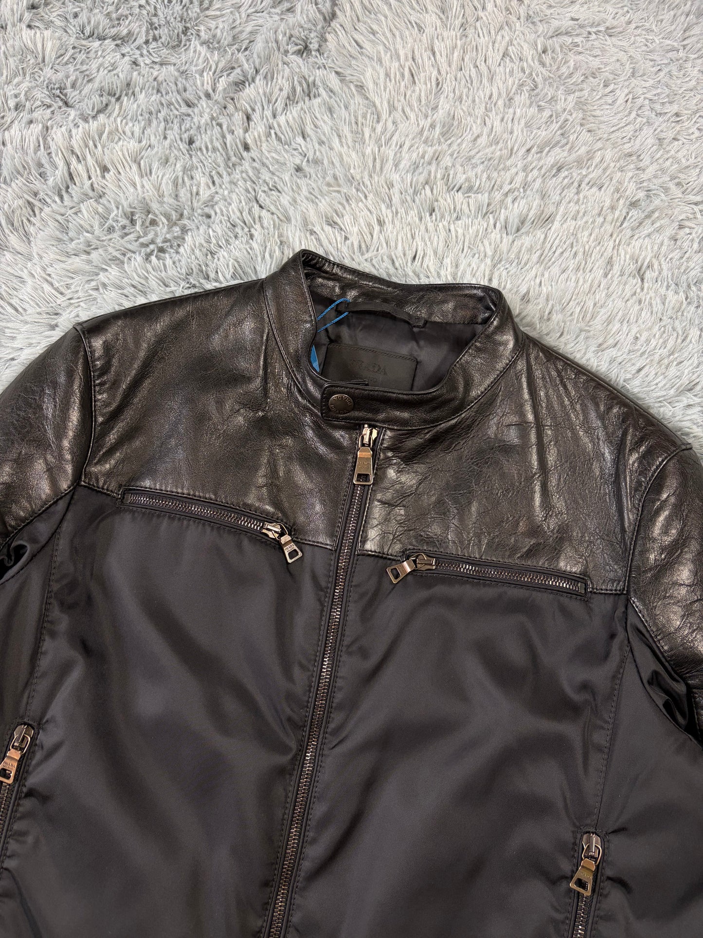 Prada Milano 2011 Gabardine Nylon Leather Hybrid Biker Jacket - S/M | O/S, Black