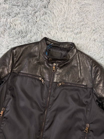 Prada Milano 2011 Gabardine Nylon Leather Hybrid Biker Jacket - S/M | O/S, Black