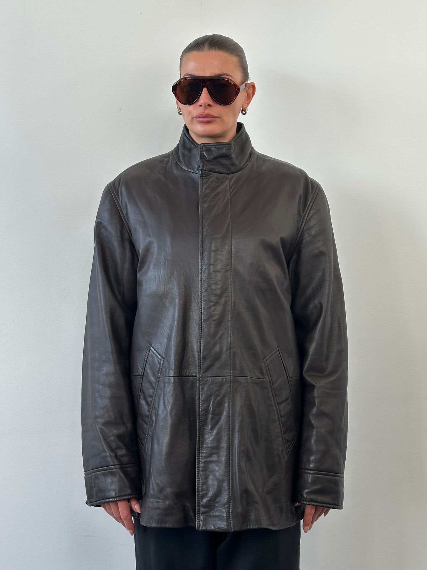 Jaeger 1990s Concealed Placket High Neck Leather Jacket - XL