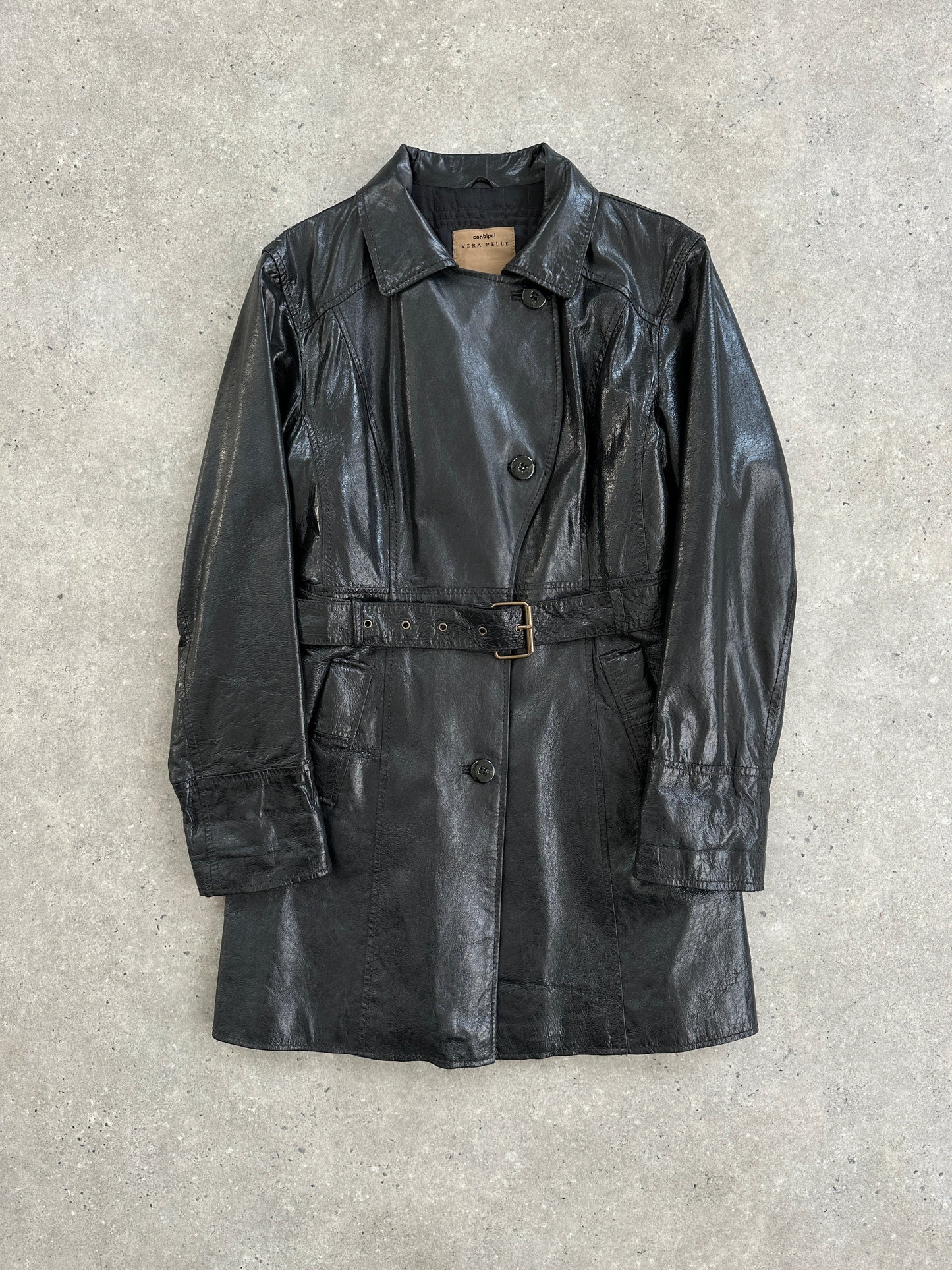 Conbipel Leather Belted Trench Coat - M