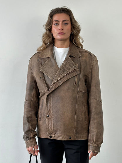 British Vintage Aged Leather Biker Jacket - M/L