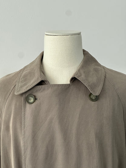 Ralph Lauren Chaps 1990s belted trench coat in XL-XXL, beige with classic collar and button details, displayed on a hanger.