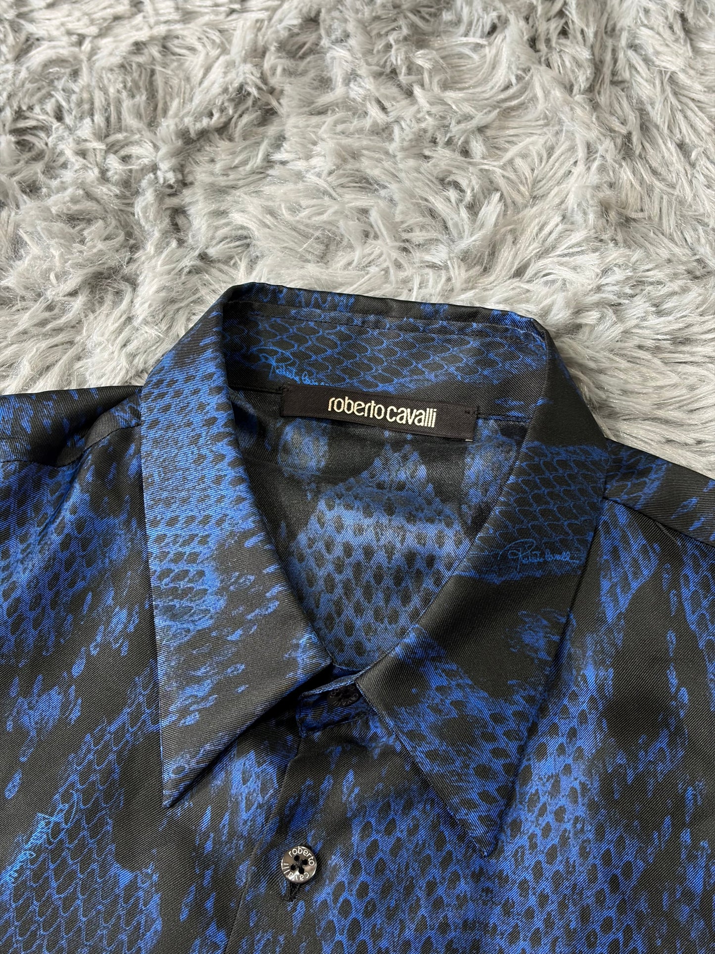Roberto Cavalli 2023 Silk Python Print Blue Shirt - L | O/S, Black