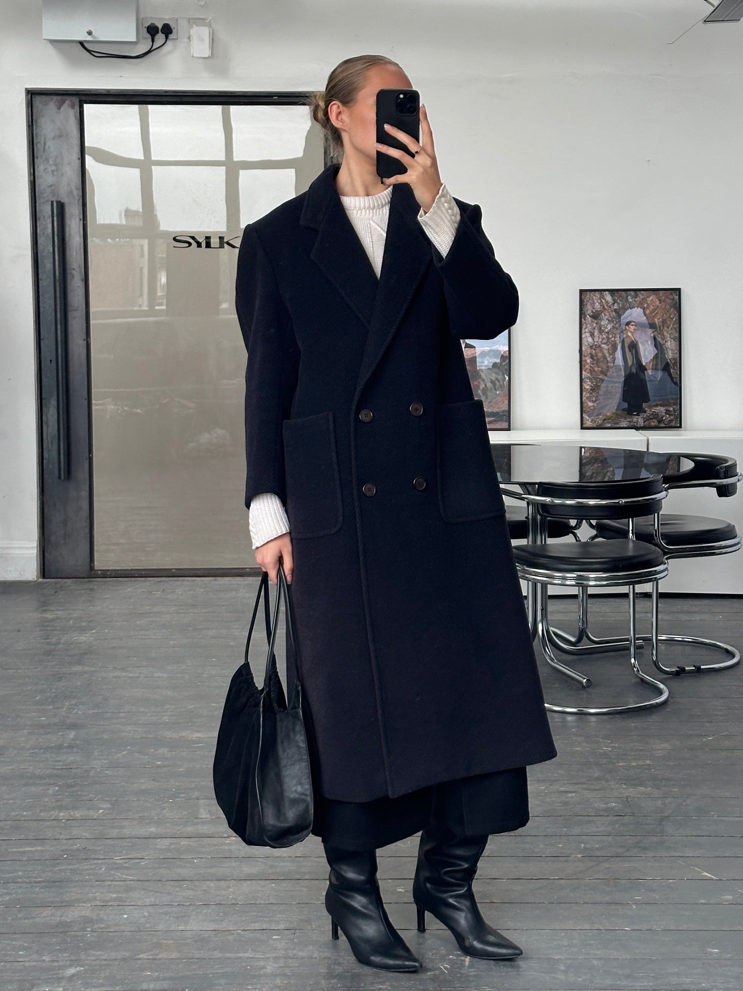 Burberry 1990s Herringbone Wool Double Breasted Coat - M/L