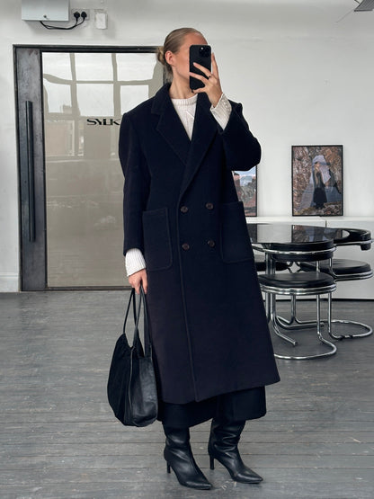 Burberry 1990s Herringbone Wool Double Breasted Coat - M/L