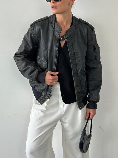 Vintage Distressed Leather Bomber Jacket - M/L