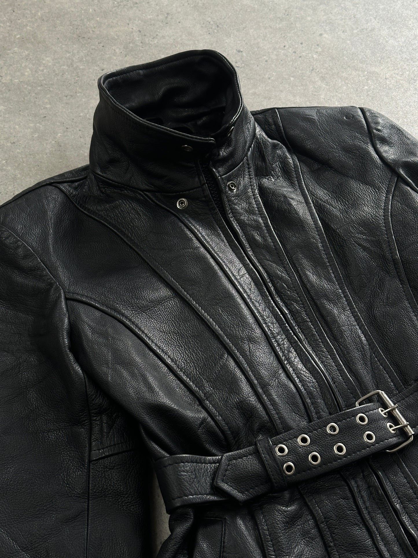 Vintage 1990s High Neck Belted Leather Jacket - M