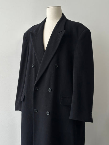 Pierre Cardin 1990s wool cashmere double-breasted coat in XXL, shown hanging with classic design and textured fabric details.