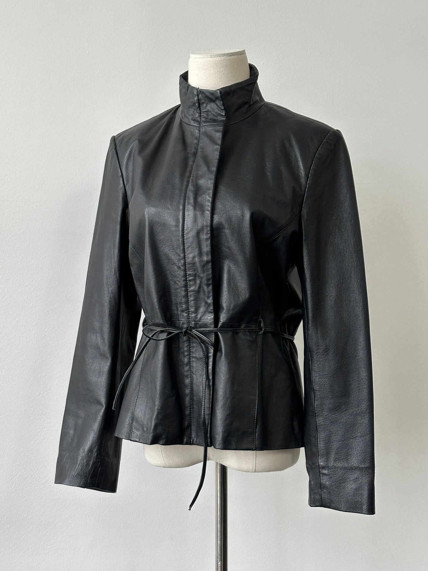 Vintage 2000s Tie Belt High Neck Leather Jacket -