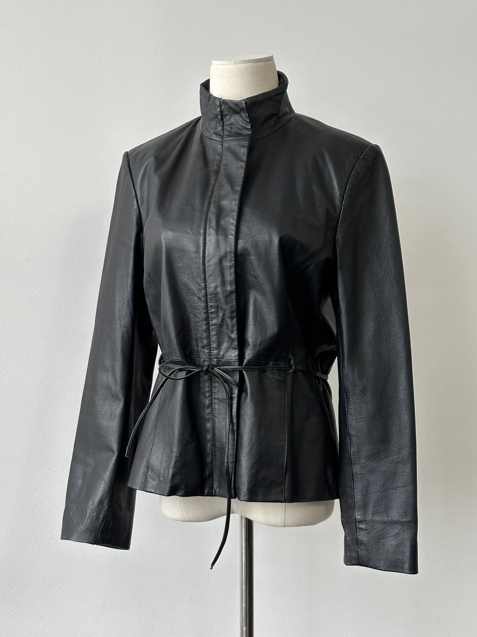 Vintage 2000s Tie Belt High Neck Leather Jacket -