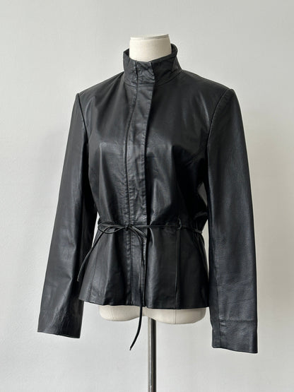 Vintage 2000s Tie Belt High Neck Leather Jacket -