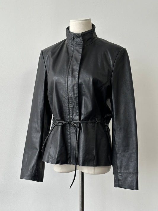 Vintage 2000s Tie Belt High Neck Leather Jacket -