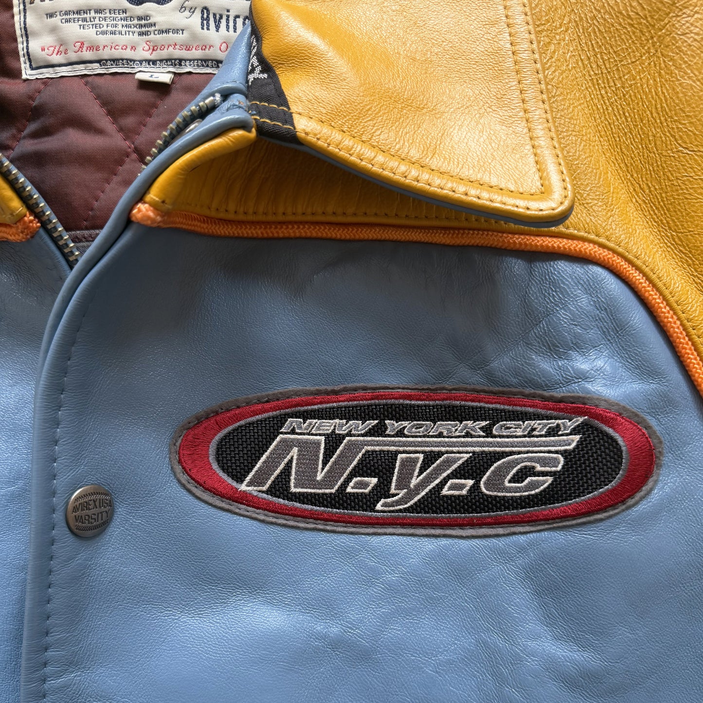 Avirex 'New York Long Island' Leather Varsity Jacket - L | Large, Blue