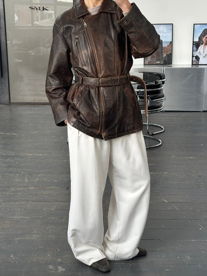 Vintage 1980s Aged Belted Leather Jacket - L