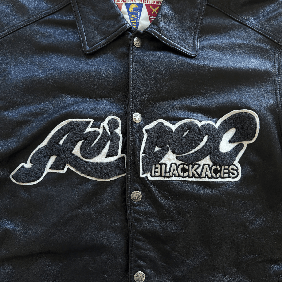 Avirex 'Black Aces' Leather Varsity Jacket - XL | XL, Black
